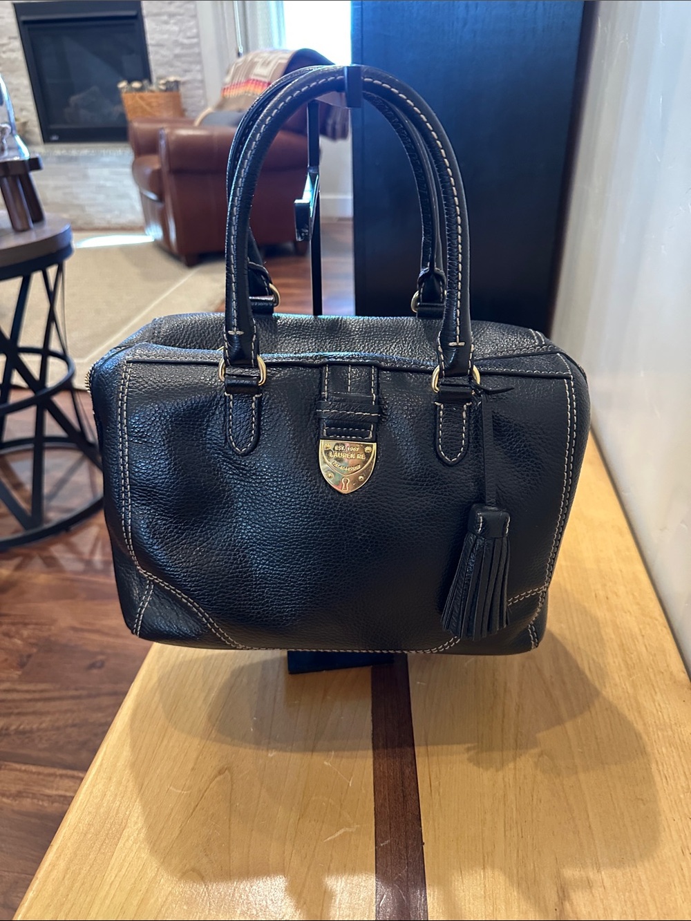 Ralph Lauren Black Leather Satchel with Tassel Accent